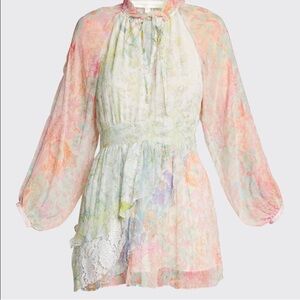 LOVESHACKFANCY Glass Floral-Print Silk Mixed Print Mini Dress 0